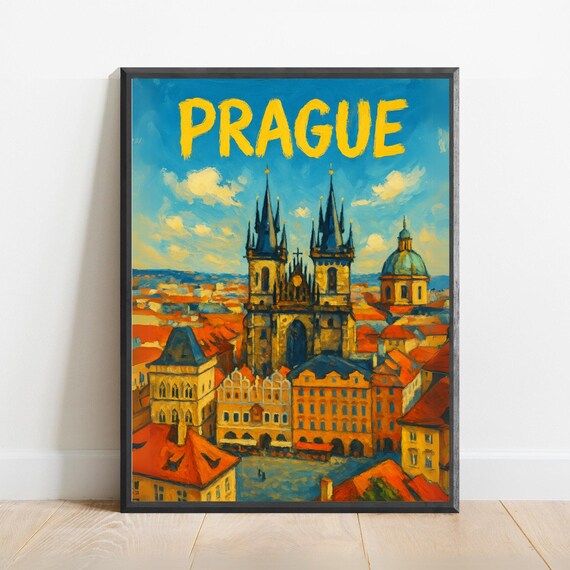 Prague Old Town With Twin Gothic Spires Czech Travel Art Poster