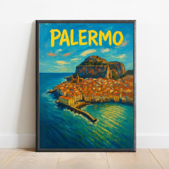 Palermo Poster Sicily Coastal Wall Art Print Italian Riviera Travel Illustration Mediterranean Home Decor