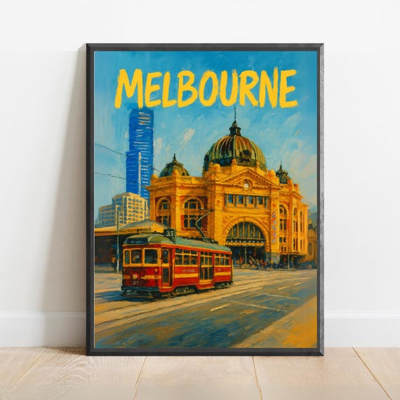Melbourne Poster Flinders Street Station Art Print With Vintage Tram Australia Wall Decor For City Lovers