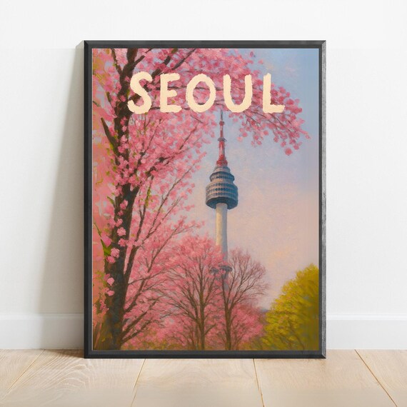 Seoul Namsan Tower Cherry Blossom Spring Korea Travel Poster