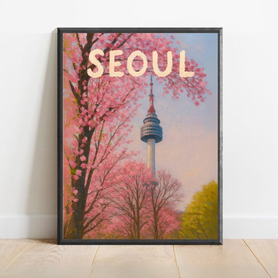 Seoul Poster Cherry Blossom Spring Wall Art Featuring Namsan Tower Korea Travel Print For Modern Or Minimalist Decor