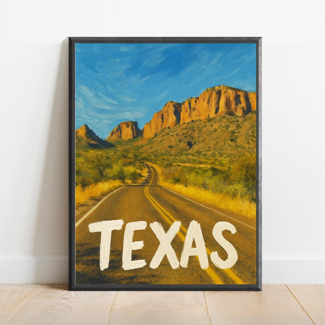Texas Desert Road Mountain Sunset Impressionist Travel Poster