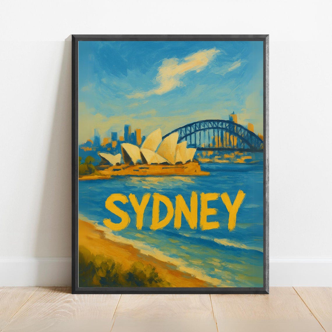 Sydney Harbour Poster With Opera House Bridge And Yellow Travel Text