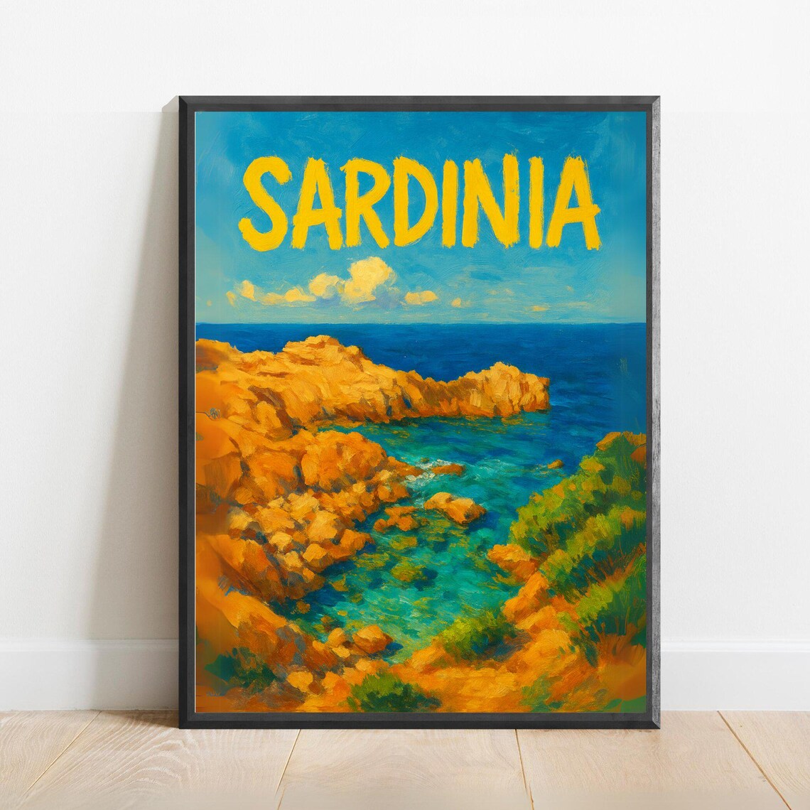 Sardinia Italy Rocky Cliffs Turquoise Cove Vintage Travel Poster