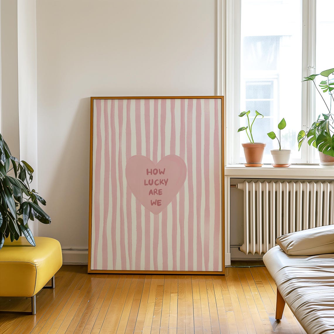 How Lucky Are We Pink Striped Heart Love Quote Wall Decor Poster