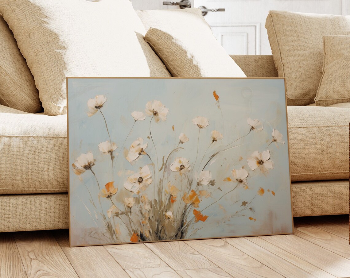 White Wildflowers On Pale Blue Painting Airy Meadow Floral Wall Art