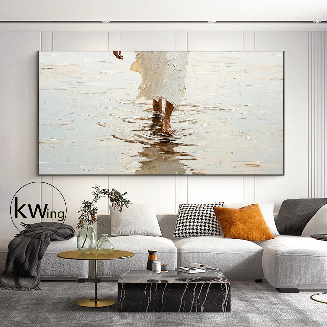 Jesus Walking on Water Minimalist Beige Textured Faith Art Poster - Image 4