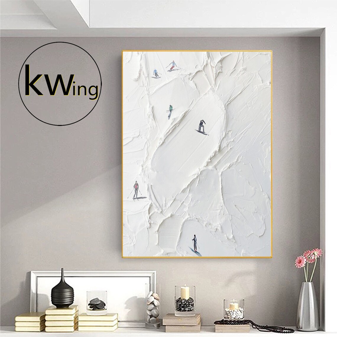 Skiers Descending Snowy White Slope Textured Winter Sports Art Poster - Image 2