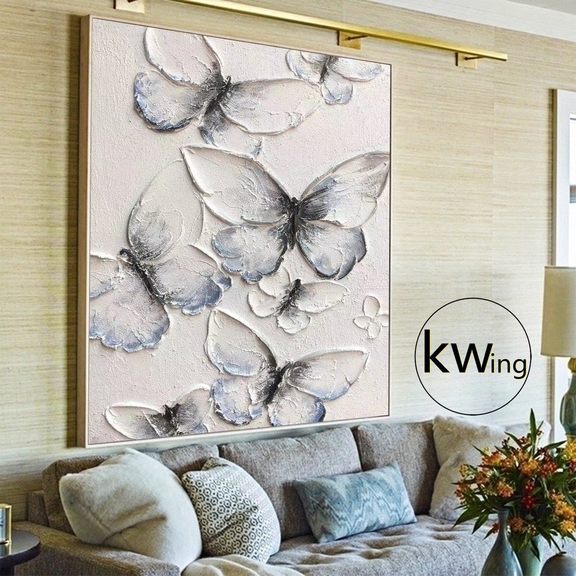 White Blue Butterfly 3D Texture Abstract Painting Square Modern Poster - Image 4