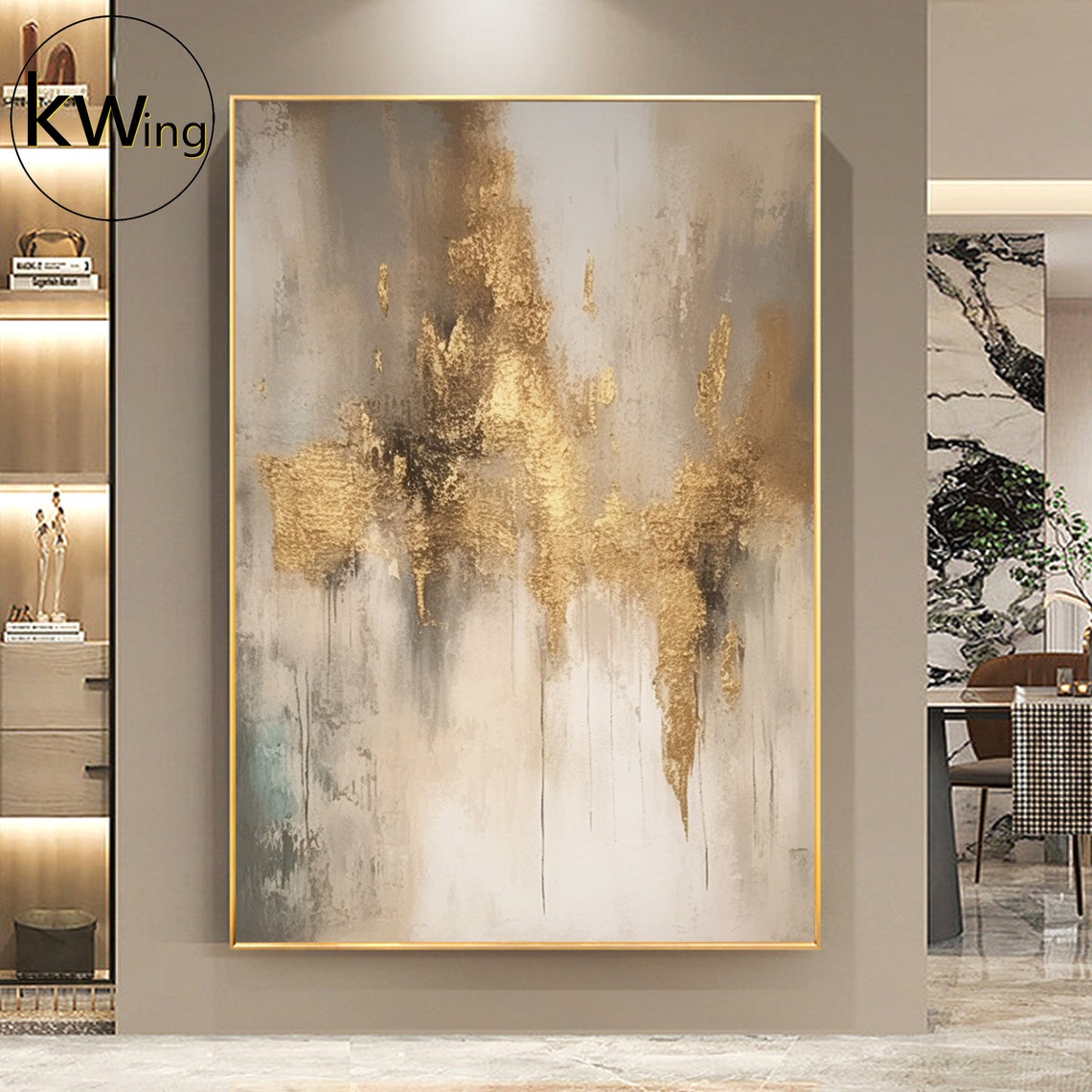 Beige Gold Leaf Abstract Painting Dripping Metallic Elegant Art Poster - Image 3