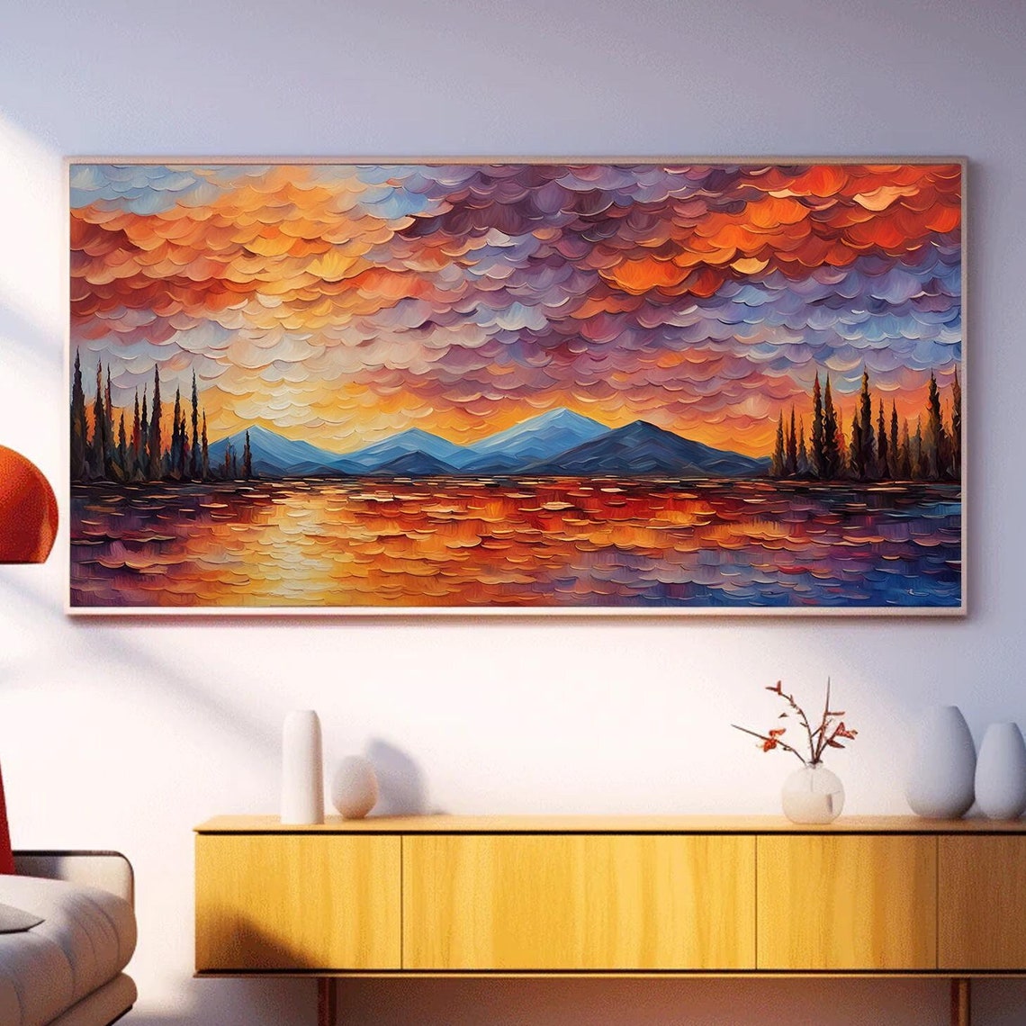 Abstract Lakeside Landscape Oil Painting On Large Original Valley Sunset Wall Art Custom Natural Scenery Painting Living Room Decor - Image 5