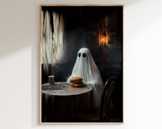 Ghost Eating Burger At Dark Tavern Table Funny Halloween Poster