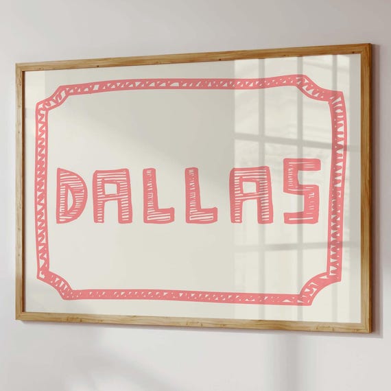 Dallas Texas Print Trendy Poster Retro Dorm Decor Pink Preppy Wall Art City Cute Apartment