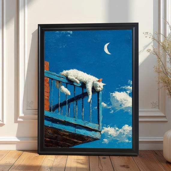 White Cat Lounging On Balcony Rail Beneath Crescent Moon Poster