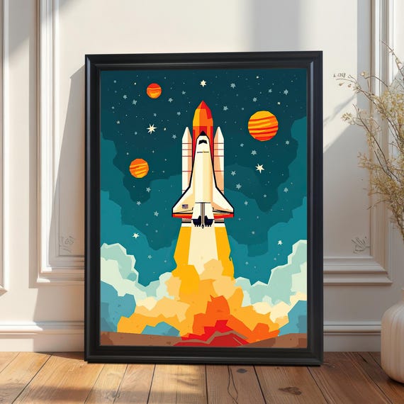 Space Shuttle Launch Wood Framed Wall Art Gicle Print Rocket Ship Poster