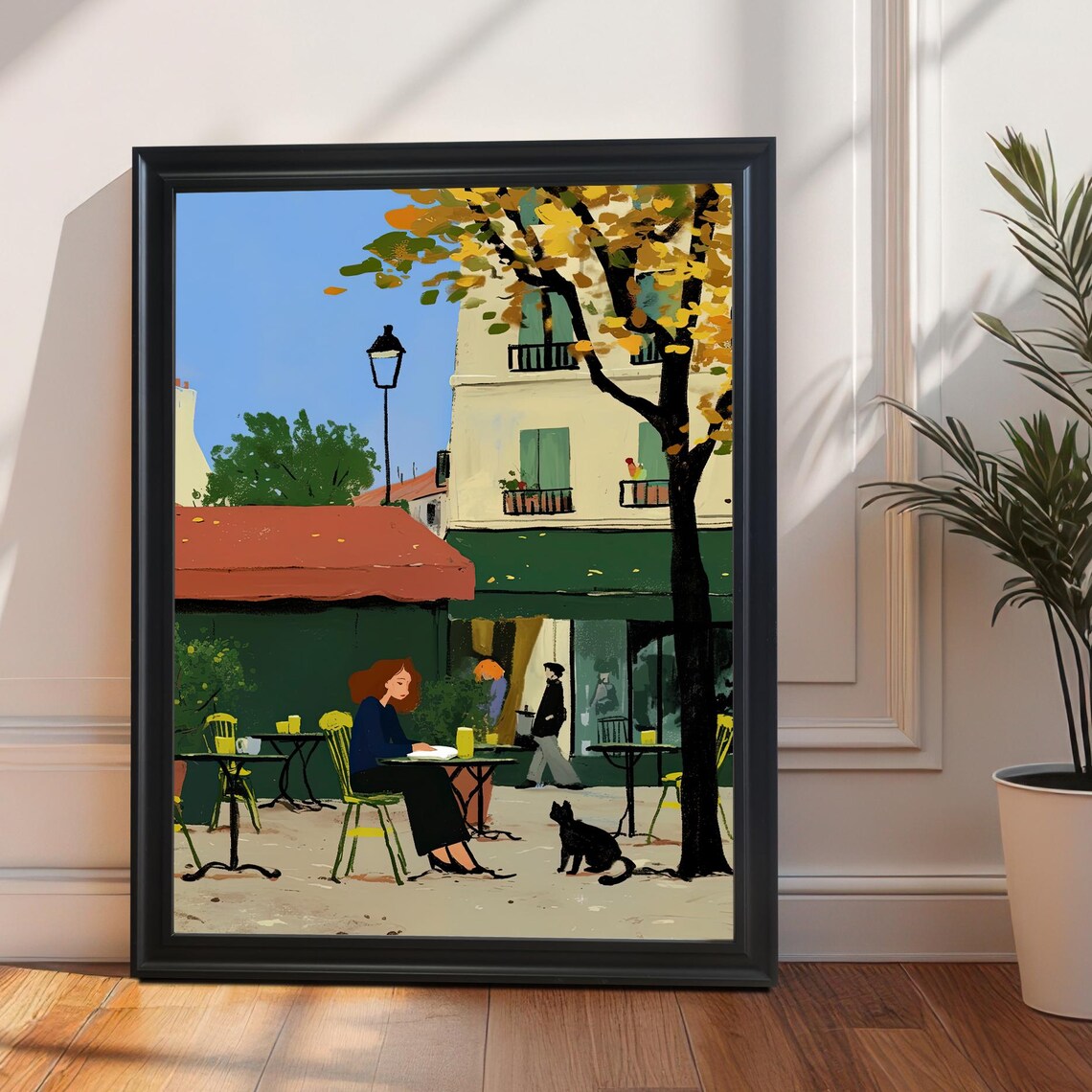 Parisian Cafe Woman Reading With Black Cat Street Art Poster