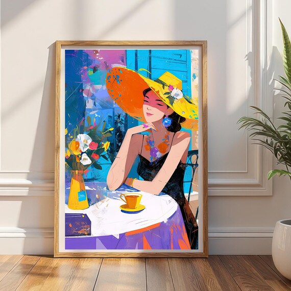 Sunkissed Cafe Art Print Elegant Woman With Hat Wall Decor Vibrant Summer Outdoor Bistro Scene