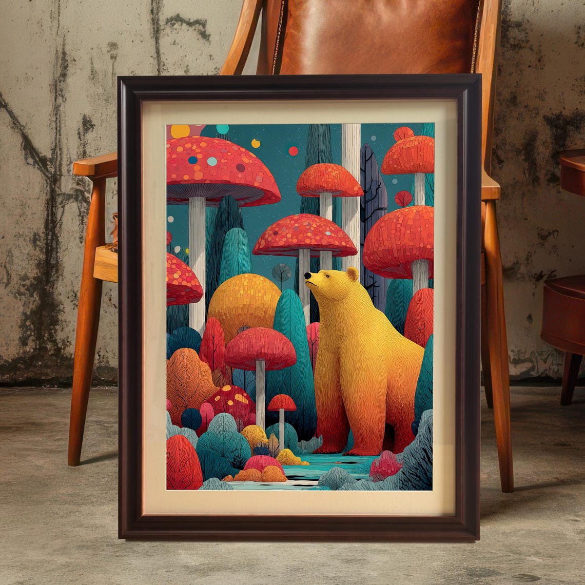 Golden Fantasy Bear Mushroom Forest Whimsical Illustration Poster