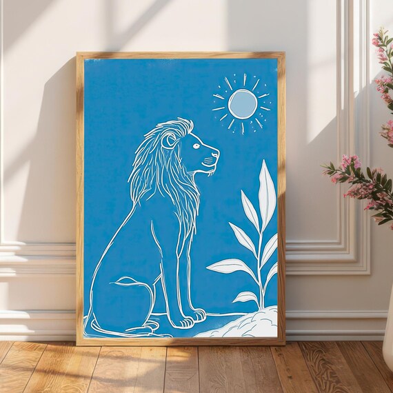 Minimalist Blue Lion King Line Art Nursery Safari Wall Print