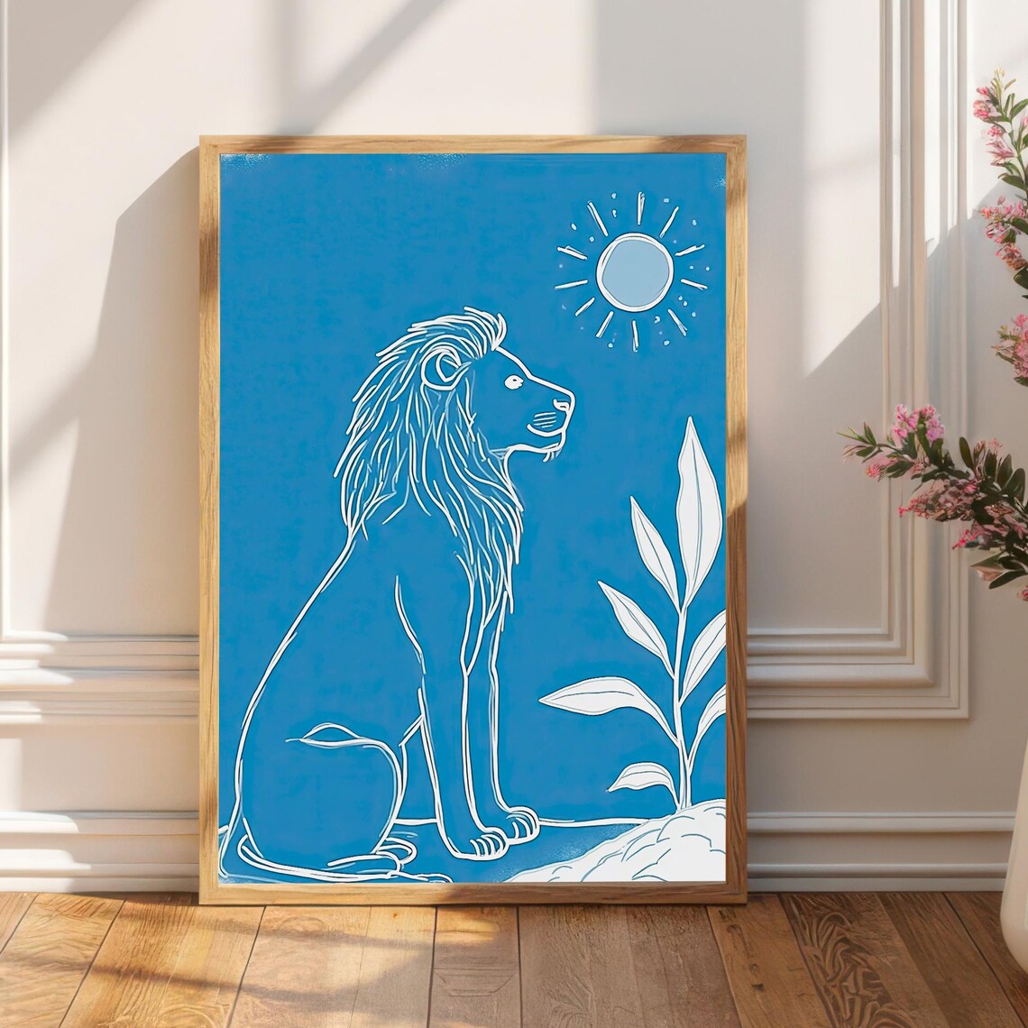 Minimalist Blue Lion King Line Art Nursery Safari Wall Print