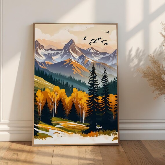 Autumn Mountain Majesty Snow Peaks Golden Aspen Trees Art Poster