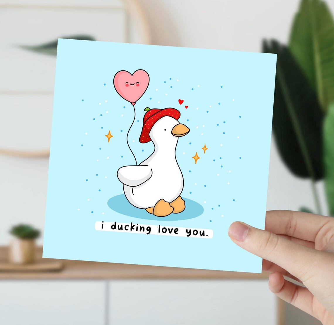 Kawaii Duck Heart Balloon Valentine Pun Poster with Strawberry Hat - Image 5