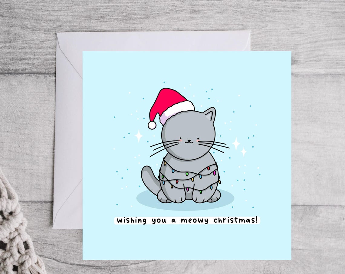 Wishing You A Meowy Christmas Kawaii Grey Cat Santa Hat Poster - Image 3