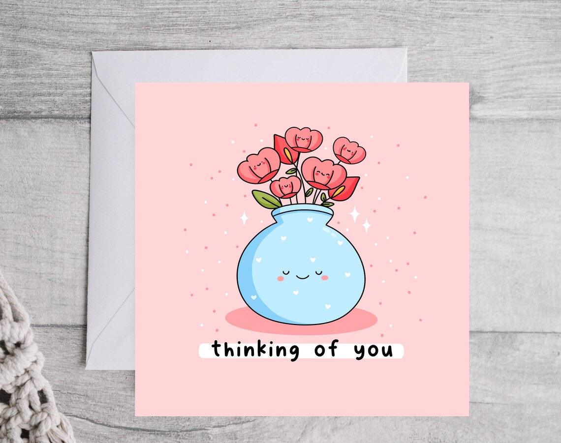 Thinking of You Sweet Flower Vase Kawaii Greeting Card Poster - Image 3