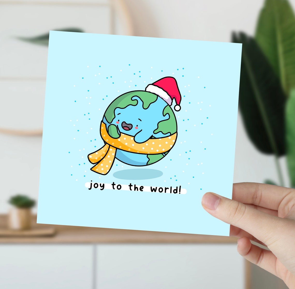Joy To The World Cute Earth Globe Christmas Illustrated Card Print - Image 5