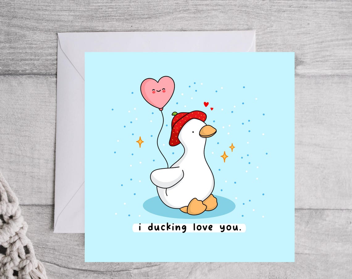 Kawaii Duck Heart Balloon Valentine Pun Poster with Strawberry Hat - Image 3