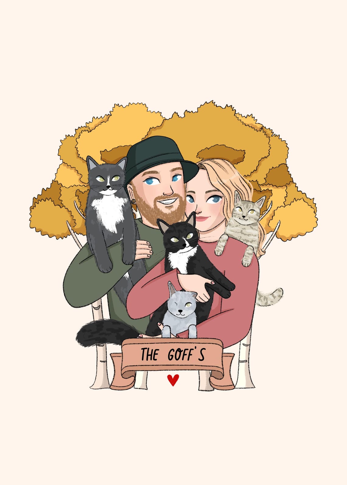 Custom Couple Portrait With Two Cats Floral Wreath Art Print - Image 2