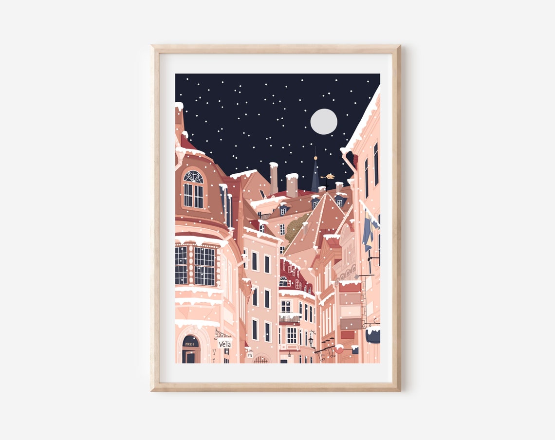 Tallinn Estonia Snowy Winter Night Old Town Street Scene Art Print - Image 3