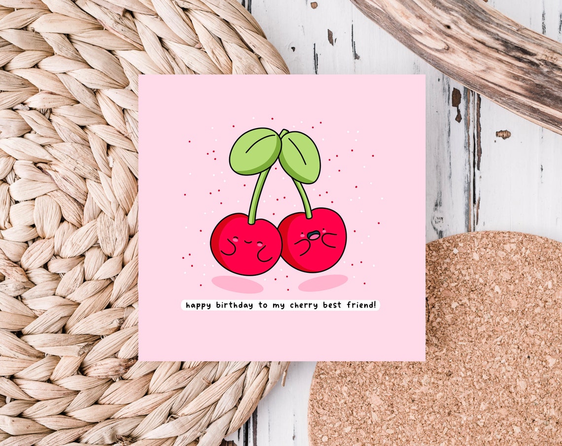 Kawaii Cherries Pair Happy Birthday Cherry Best Friend Pun Wall Art - Image 2