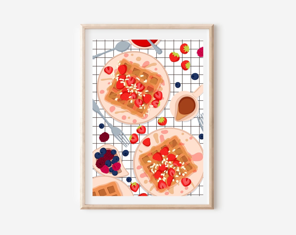 Waffles with Strawberries Breakfast Art Print on Gingham Background - Image 3