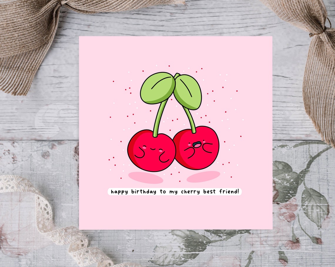 Kawaii Cherries Pair Happy Birthday Cherry Best Friend Pun Wall Art - Image 4