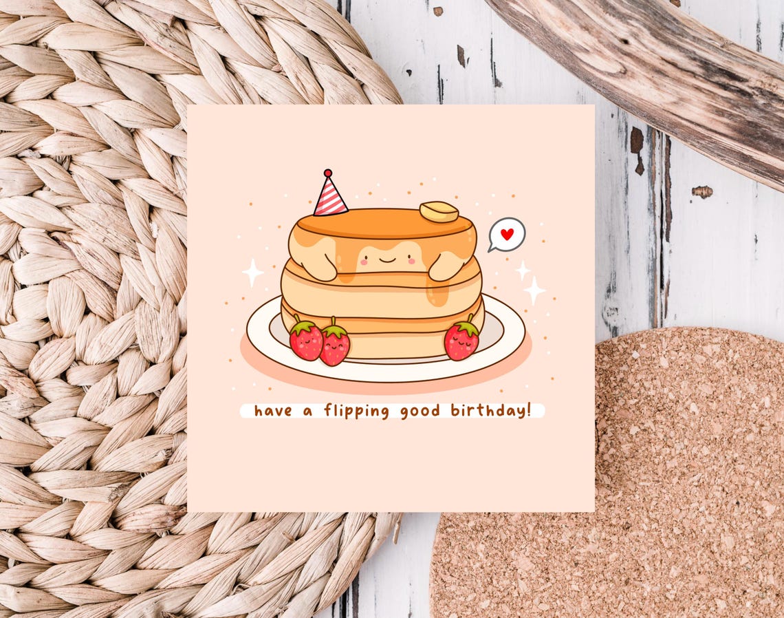 Cute Pancake Stack With Party Hat Flipping Birthday Card Print - Image 4