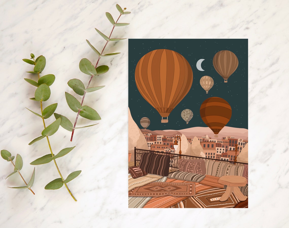 Cappadocia Turkey Hot Air Balloons Night Sky Rooftop Art Print - Image 3