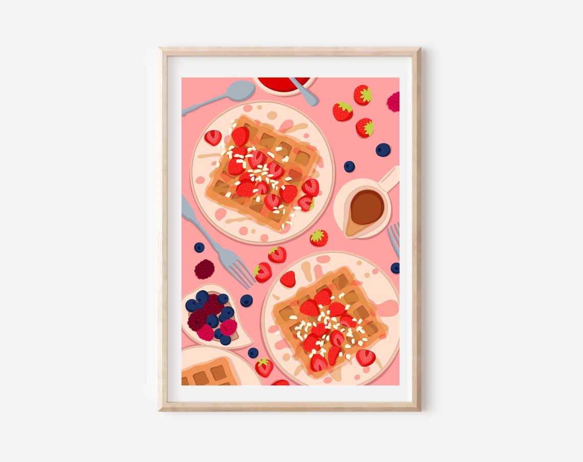 Waffles with Strawberries Breakfast Art Print on Pink Background - Image 4