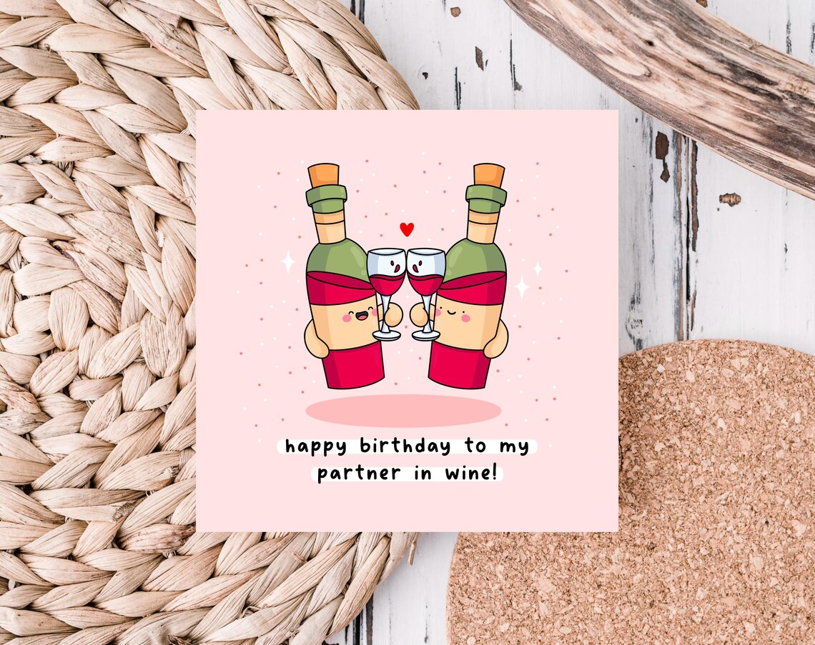 Happy Birthday To My Partner In Wine Funny Illustrated Card Print - Image 5