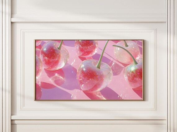 Pink Glitter Cherry Art For Frame Tv Aesthetic Y2k Dreamy Sparkle Fruit Cute Kawaii Wall Decor Girly Trendy