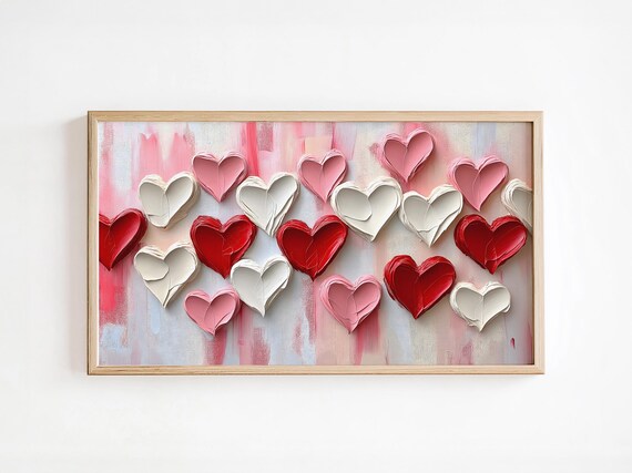 Romantic Textured Heart Painting Frame Tv Art Oil Paint Abstract Palette Knife Red White Love Art Trendy