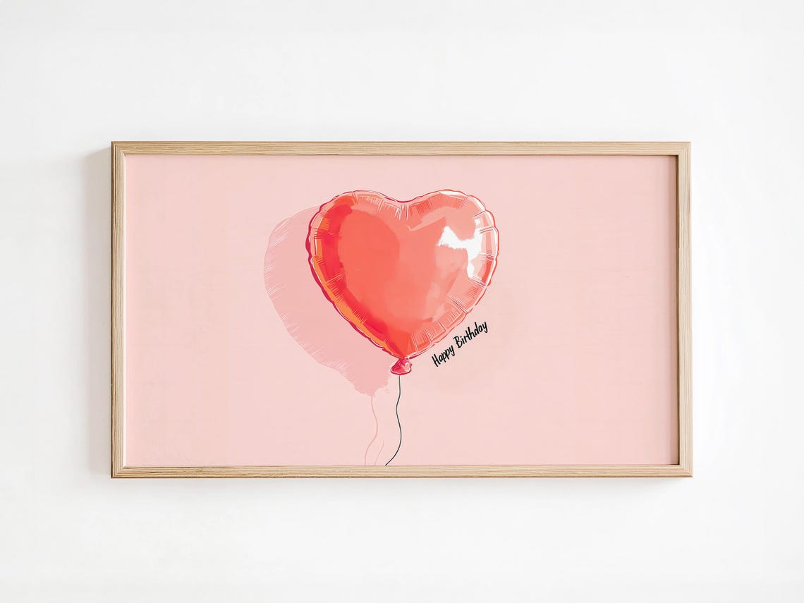 Happy Birthday Heart Balloon Soft Pink Minimalist Party Wall Art
