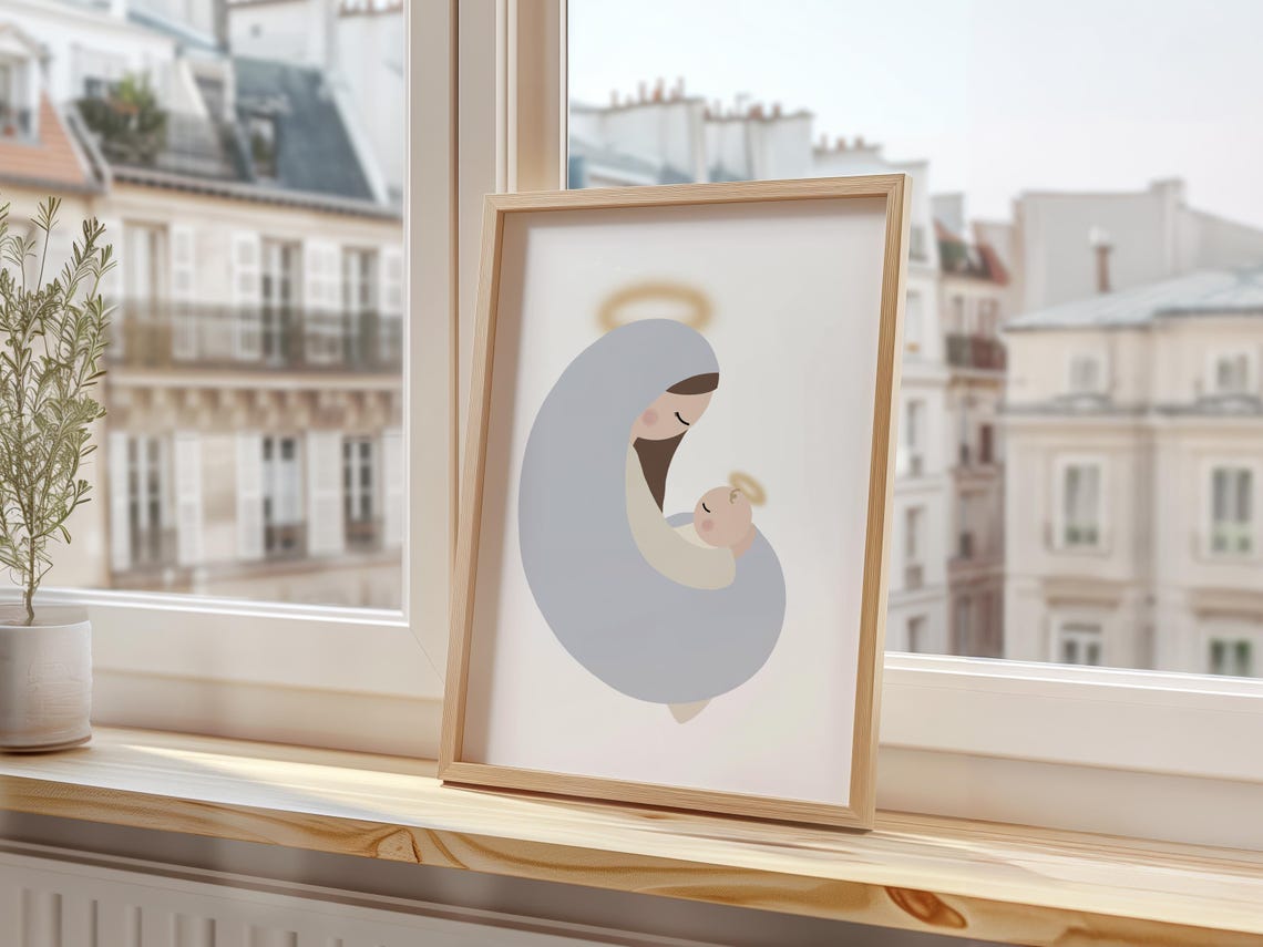 Virgin Mary Baby Jesus Minimalist Catholic Nursery Decor Wall Art - Image 3