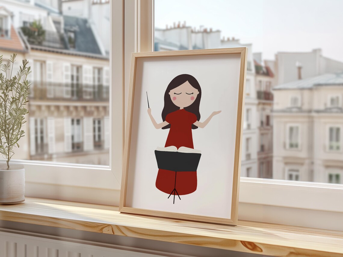 Girl Music Conductor Red Dress Baton Raised Score Music Room Poster - Image 3