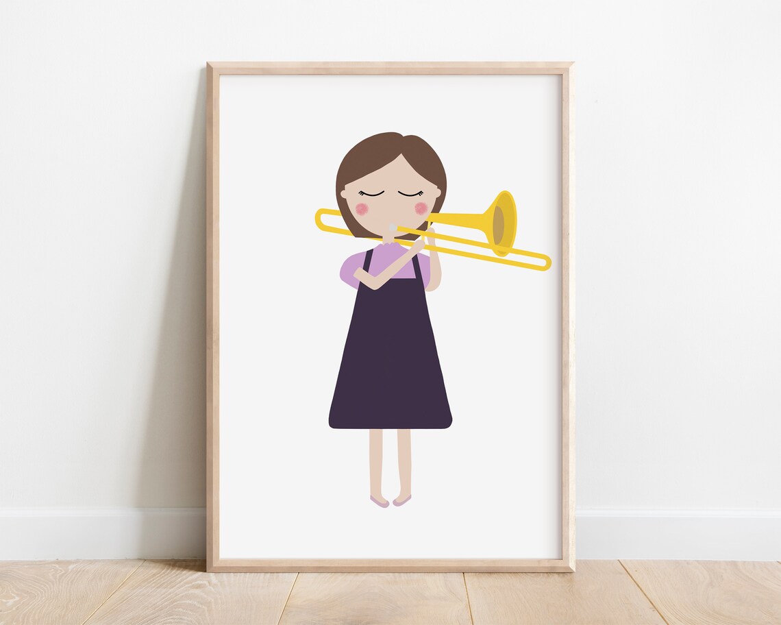 Girl Playing Trombone Yellow Instrument Cute Music Lover Art Poster