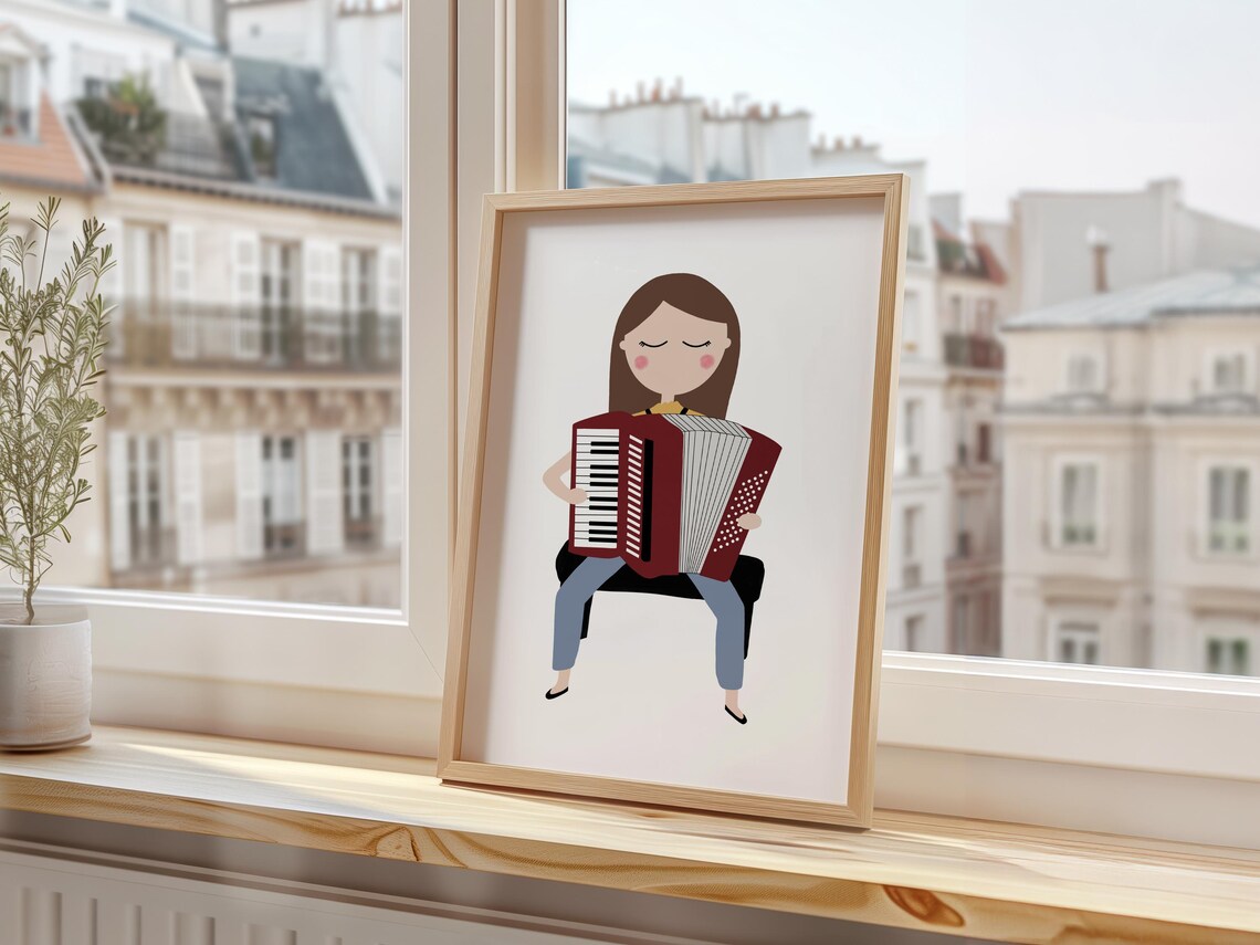 Girl Playing Red Piano Accordion Kids Music Instrument Illustration Poster - Image 3