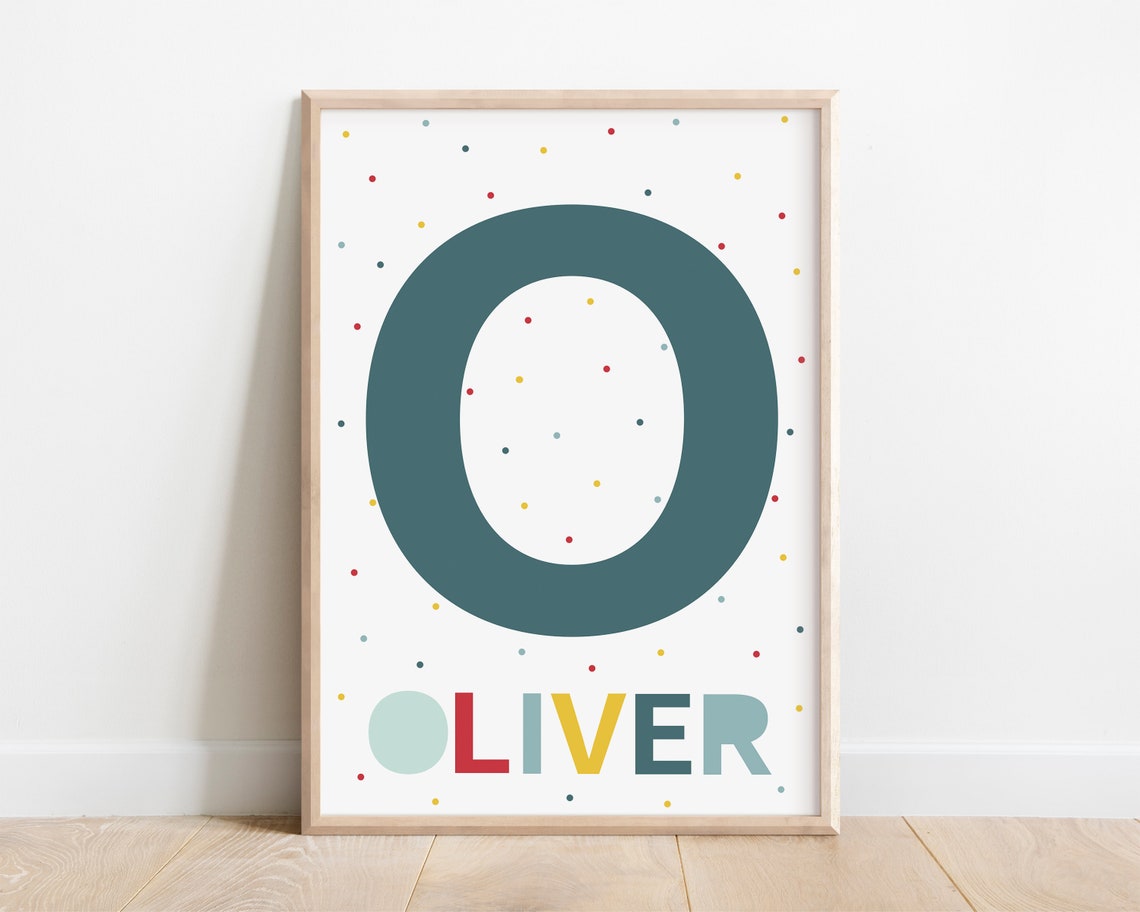 Oliver Personalized Boy Name Letter Teal Confetti Dots Nursery Poster