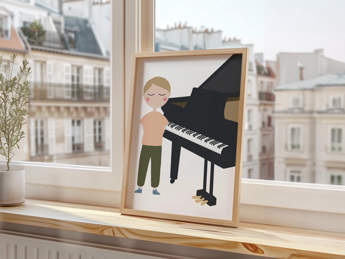 Boy Standing Beside Grand Piano Kids Piano Music Nursery Art Poster - Image 3
