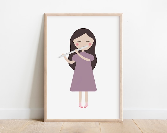 Girl Playing Silver Flute Lavender Dress Kids Music Instrument Art Poster