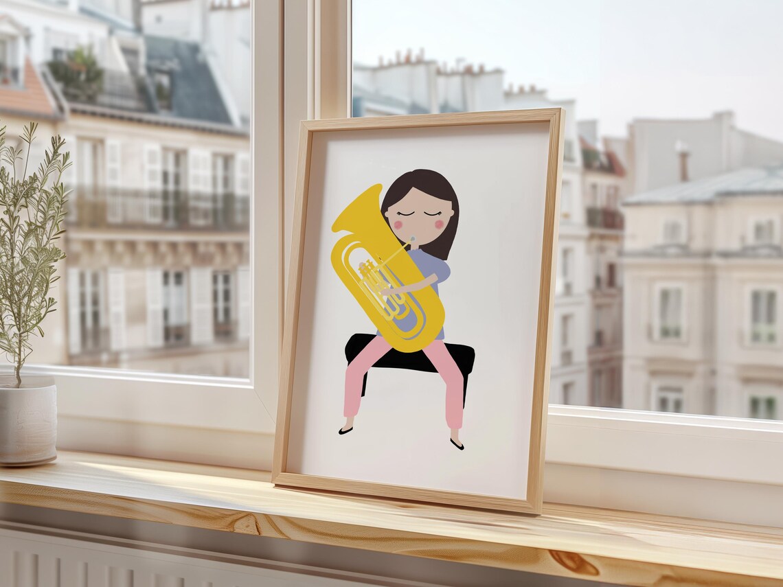 Girl Playing Golden Tuba Seated Kids Brass Instrument Music Art Poster - Image 3
